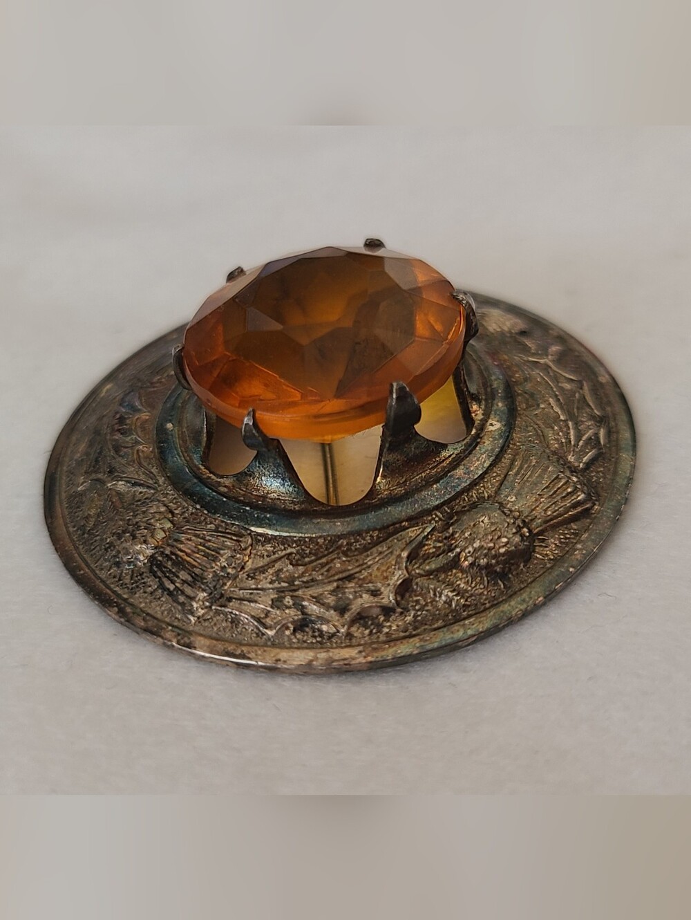 Vintage Scottish Thistle Brooch with Amber Glass Stone